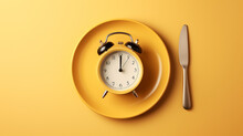 Concept Of Intermittent Fasting, Showing An Empty Plate And A Clock. The Practice Of Eating Within Specific Time Frames To Promote Better Health And Weight Management.,generative AI