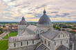 The Piazza dei Miracoli (Piazza del Duomo) is located in the city of Pisa, Tuscany, Italy. This is the view from the famous leaning tower of Pisa, showing the cathedral and the baptistry.