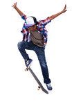 Teenager, skateboard and trick with a jump, flip and stunt with skill or urban fashion on isolated, transparent or png background. Cool, boy or kid skateboarding with gen z, streetwear and style