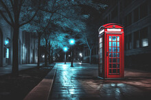 Red Phone Booth Inthe Middle Of City Street In Light Of Lanterns. Evening Mist. Generative Ai Content.