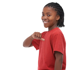 Happy, portrait and boy with hand to sign to ok to you, fashion or children on isolated, transparent or png background. Studio, smile and happiness of cool African gen z, kid in middle school