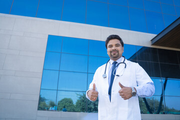 Young indian doctor standing out of hospital and showing thumps up