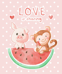 Wall Mural - love slogan cute animal friends and watermelon illustration