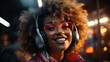 Happy cool fashion funky African young black hipster lady wears trendy glasses wireless headphones listening dance pop dj music standing in neon night club.generative ai
