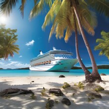 Luxury Cruise Ship To Caribbean With Palm Tree On Coral Beach. Generative Ai