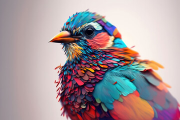 Wall Mural - Abstract animal little Bird portrait with multi colored colorful on wings and feathers paint, Vibrant bright gradients tone, with Generative AI.