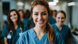 Portrait of a young nursing student standing with her team in hospital, dressed in scrubs, Doctor intern . generative ai