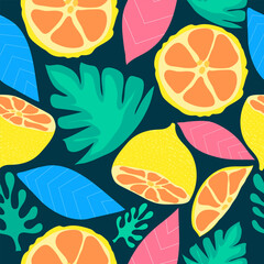 Wall Mural - oranges and slices with leaves seamless vector pattern