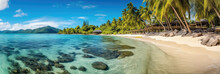 Panoramic View Of A Paradise Beach With White Sand, Palm Trees And Crystal Clear Water. Generative AI