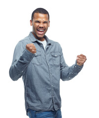 Business man, winner portrait and success, yes or celebration of sales, bonus or career opportunity. Wow, power and cheers of young person for startup goals isolated on a transparent, png background