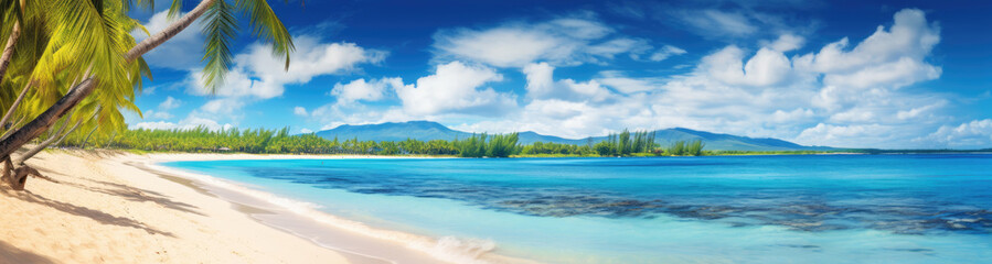 Panoramic view of a paradise beach with white sand, palm trees and crystal clear water. Generative AI