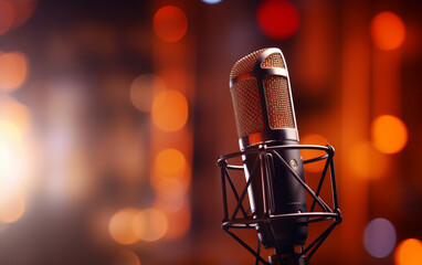 Side view of a radio microphone with studio background blur, lighting, and side blank space