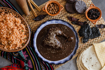 Sticker - mole poblano is sauce with chicken mexican traditional food in Mexico Latin America