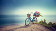 am Strand steht eon Fahrrad mit bunten Blumen im Korb 