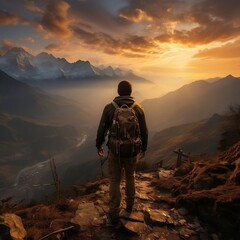 A hiker standing on a mountain peak, with a breathtaking sunset sky as the backdrop generative ai