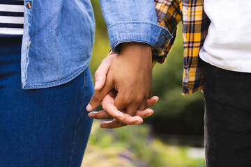 Wall Mural - Midsection of diverse couple holding hands, walking in garden