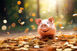 Happy piggy bank and flying golden coins on green garden background. Concept of saving money and seasonal sales