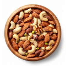 Wooden Bowl With Mixed Nuts On White Table Top View. Pistachios, Almonds, Hazelnuts And Cashews.Generative AI.