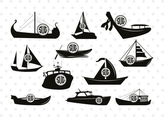 Wall Mural - Boats Circle Monogram, Sea Boats Silhouette, Boat Svg, Ship Svg, Bass Boat Svg, SB00051