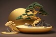 3D rendered bonsai and golden stone on brown backdrop. Generative AI