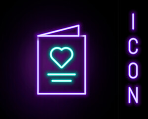 Poster - Glowing neon line Postcard with heart icon isolated on black background. Message love. Letter love and romance. Colorful outline concept. Vector