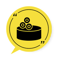 Poster - Black Tin can with caviar icon isolated on white background. Yellow speech bubble symbol. Vector.