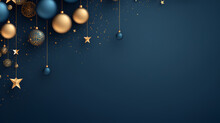 Christmas And New Year Minimalistic Background. Golden And Blue Glass Balls Hanging On Ribbon On Navy Blue Background With Copy Space For Text. The Concept Of Christmas And New Year Holidays