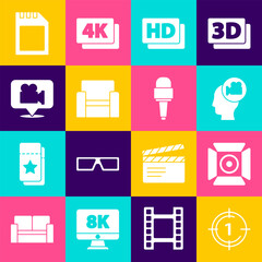 Sticker - Set Old film movie countdown frame, Movie spotlight, Head with camera, Hd movie, tape,, Cinema chair, Camera and location, SD card and Microphone icon. Vector