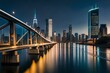 Glimmering bridge highlights urban panorama in the dark. Generative AI
