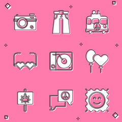 Wall Mural - Set Photo camera, Jeans wide, Hippie camper van, Heart shaped love glasses, Vinyl player, Balloons, Marijuana and Speech bubble chat icon. Vector