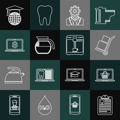 Poster - Set line Clipboard with dental card, Shopping basket on laptop, Hand truck and boxes, Head gear inside, Coffee pot, Laptop dollar, Graduation cap globe and machine cup icon. Vector