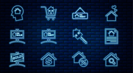 Sticker - Set line Search house, House contract, Hanging sign with For Rent, Sale, Man dreaming about buying, key and Shopping cart icon. Vector