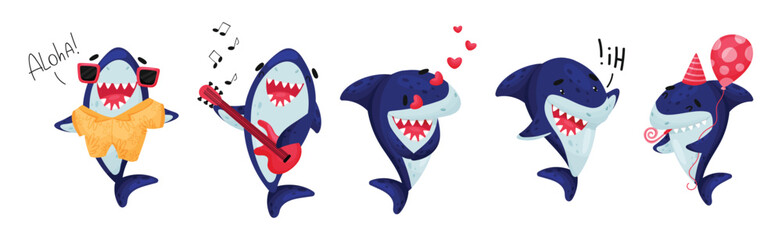 Poster - Blue Toothy Cartoon Shark Engaged in Different Activity Vector Set