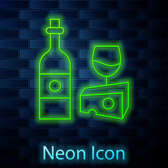 Sticker - Glowing neon line Wine bottle with glass and cheese icon isolated on brick wall background. Romantic dinner. Vector