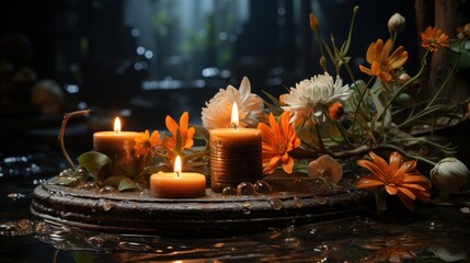 Canvas Print - candles in water. Beautiful spa composition with candles on dark background