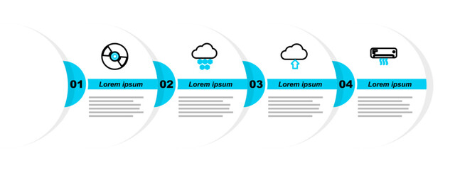 Wall Mural - Set line Air conditioner, Cloud upload, with snow and CD or DVD disk icon. Vector