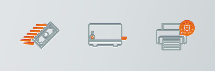 Sticker - Set line Printer setting, Fast payments and Toaster icon. Vector