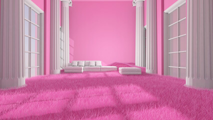 Meadow in the room. 3D illustration, 3D rendering	
