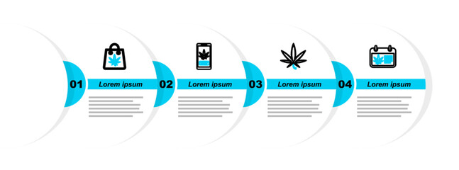 Poster - Set line Calendar and marijuana, Marijuana or cannabis leaf, Online buying and Shopping bag of icon. Vector