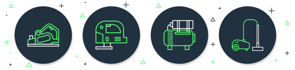 Poster - Set line Electric jigsaw, Air compressor, planer tool and Vacuum cleaner icon. Vector