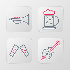 Canvas Print - Set line Violin, Glass of beer, Wooden mug and Musical instrument trumpet icon. Vector