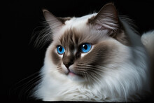 Portrait Of Purebred Ragdoll Cat On Black Background - Blue Eyes . Generative AI