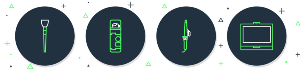 Sticker - Set line Shaving gel foam, Curling iron, Makeup brush and powder with mirror icon. Vector