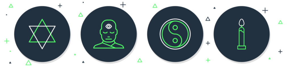 Sticker - Set line Man with third eye, Yin Yang, Star of David and Burning candle icon. Vector