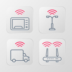 Sticker - Set line Router and wi-fi signal, Smart truck, street light and microwave oven icon. Vector