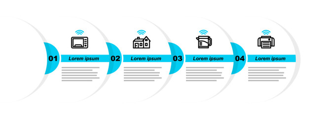 Sticker - Set line Smart printer, electric kettle, home with wireless and microwave oven icon. Vector