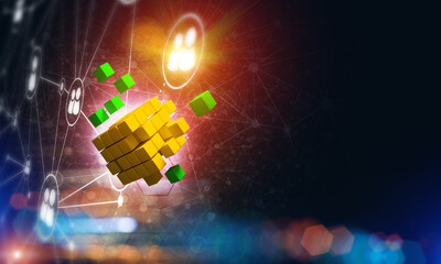 Wall Mural - concept of internet and networking with digital cube figure on dark background