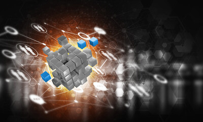 Wall Mural - concept of internet and networking with digital cube figure on dark background