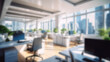 © Dinara - Blurred workplace with cityscape, office in morning or afternoon, interior for AI generated business presentation background