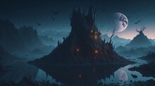 Spooky Castle With Bats And Full Moon